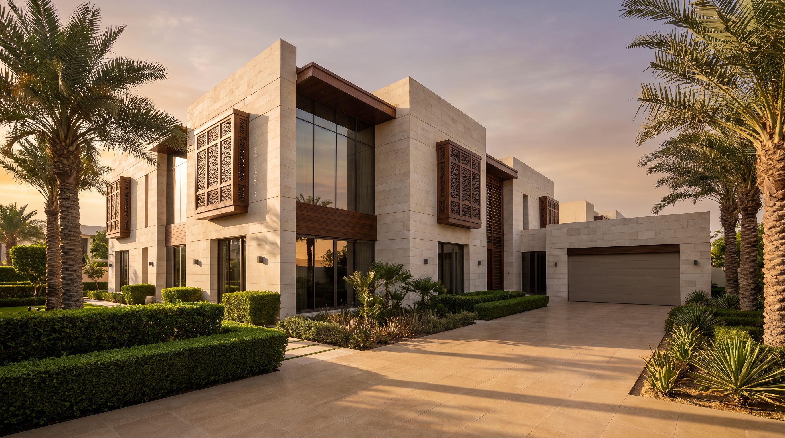 Modern Saudi villa exterior at sunset