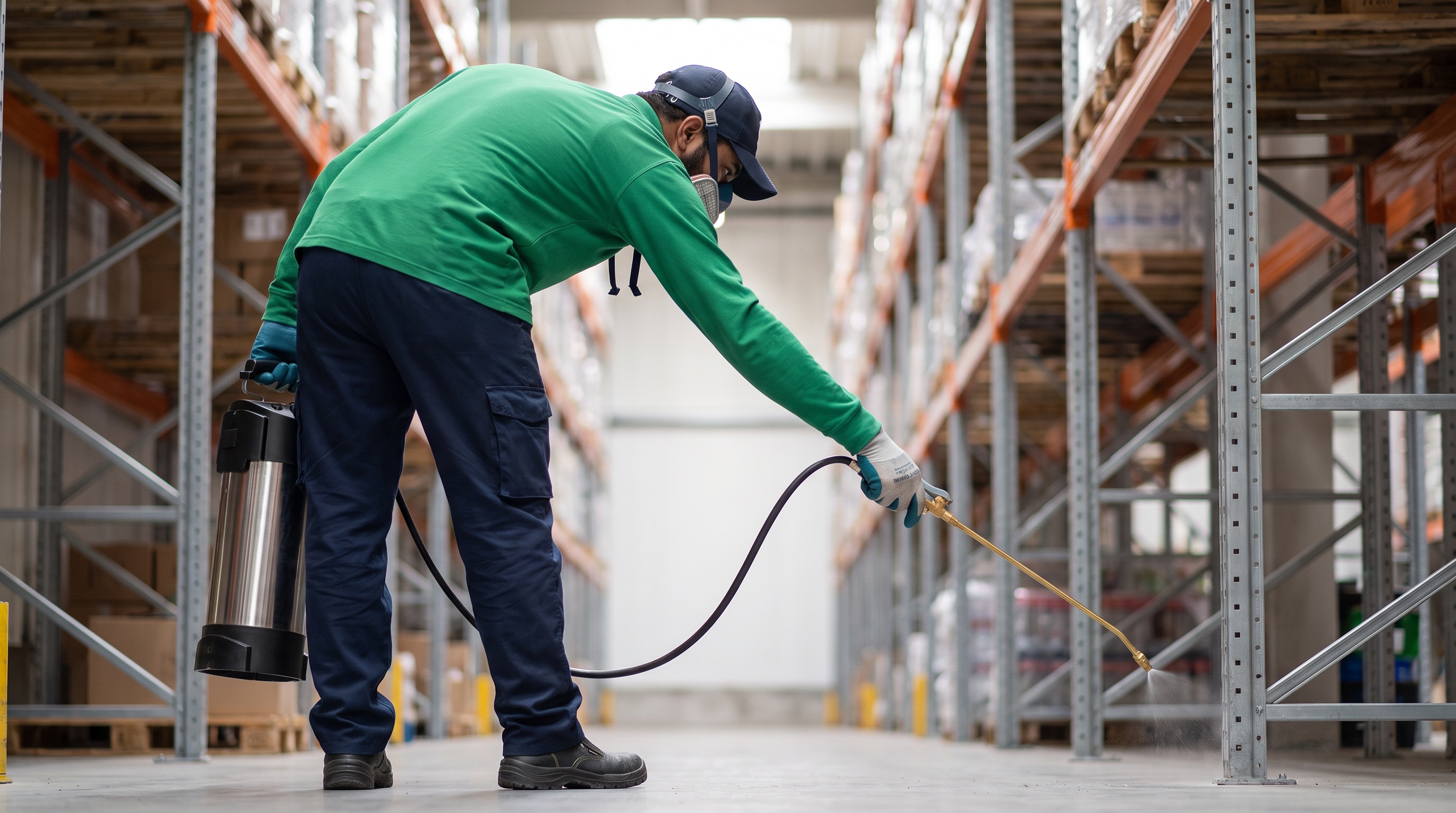Rush technician spraying racking in a warehouse