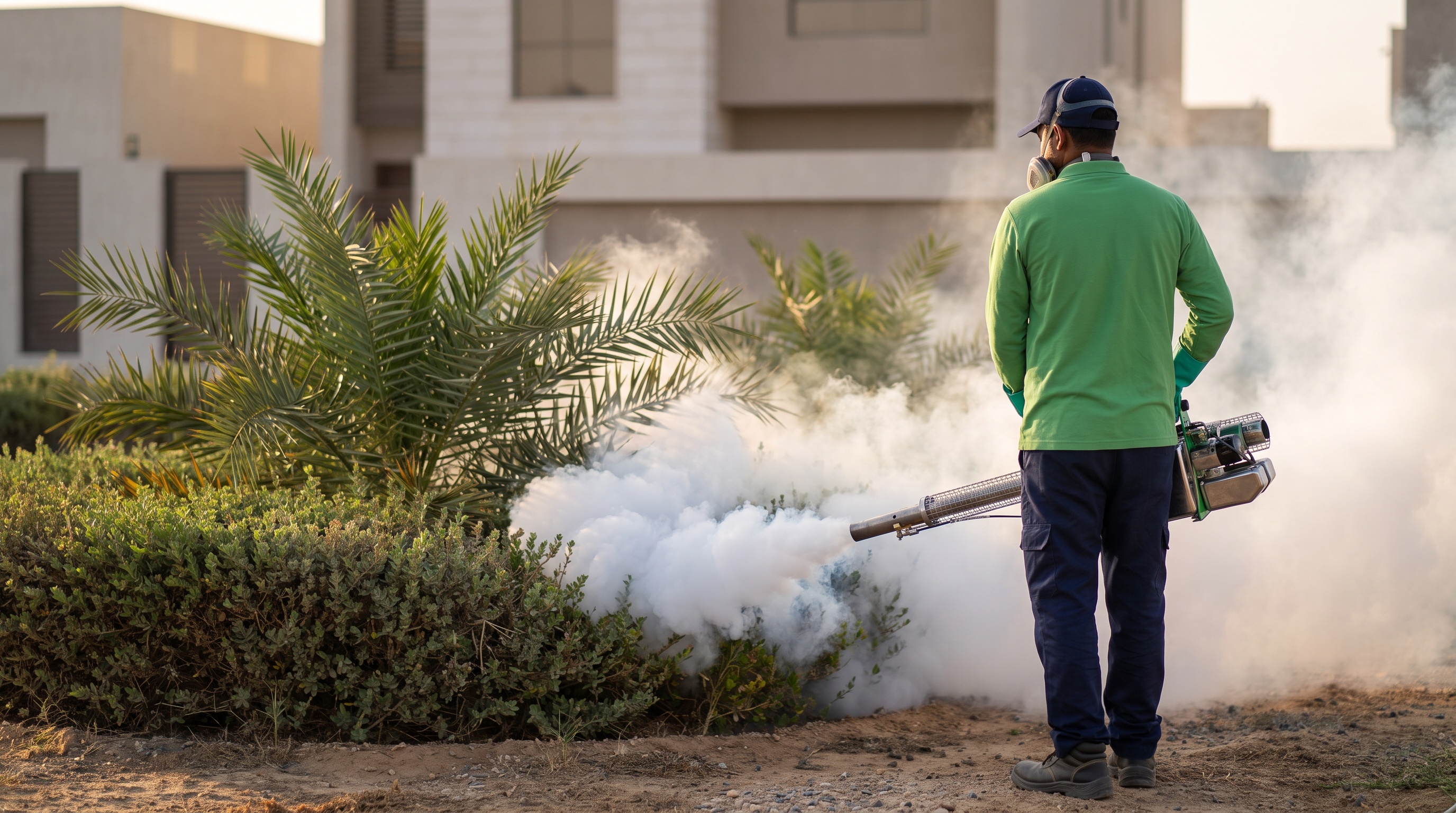 Rush technician fogging a villa garden