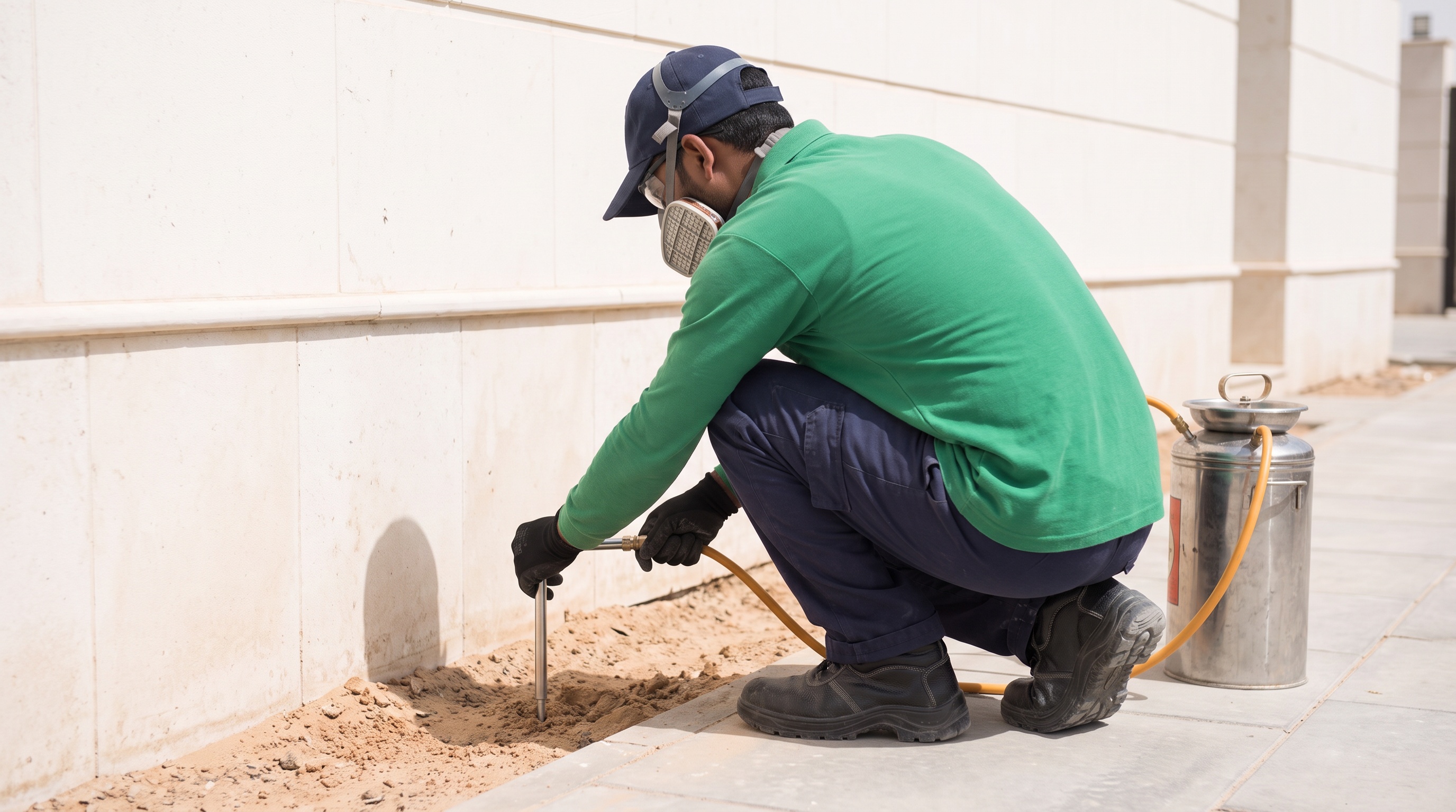 Rush technician injecting termite treatment along a building foundation