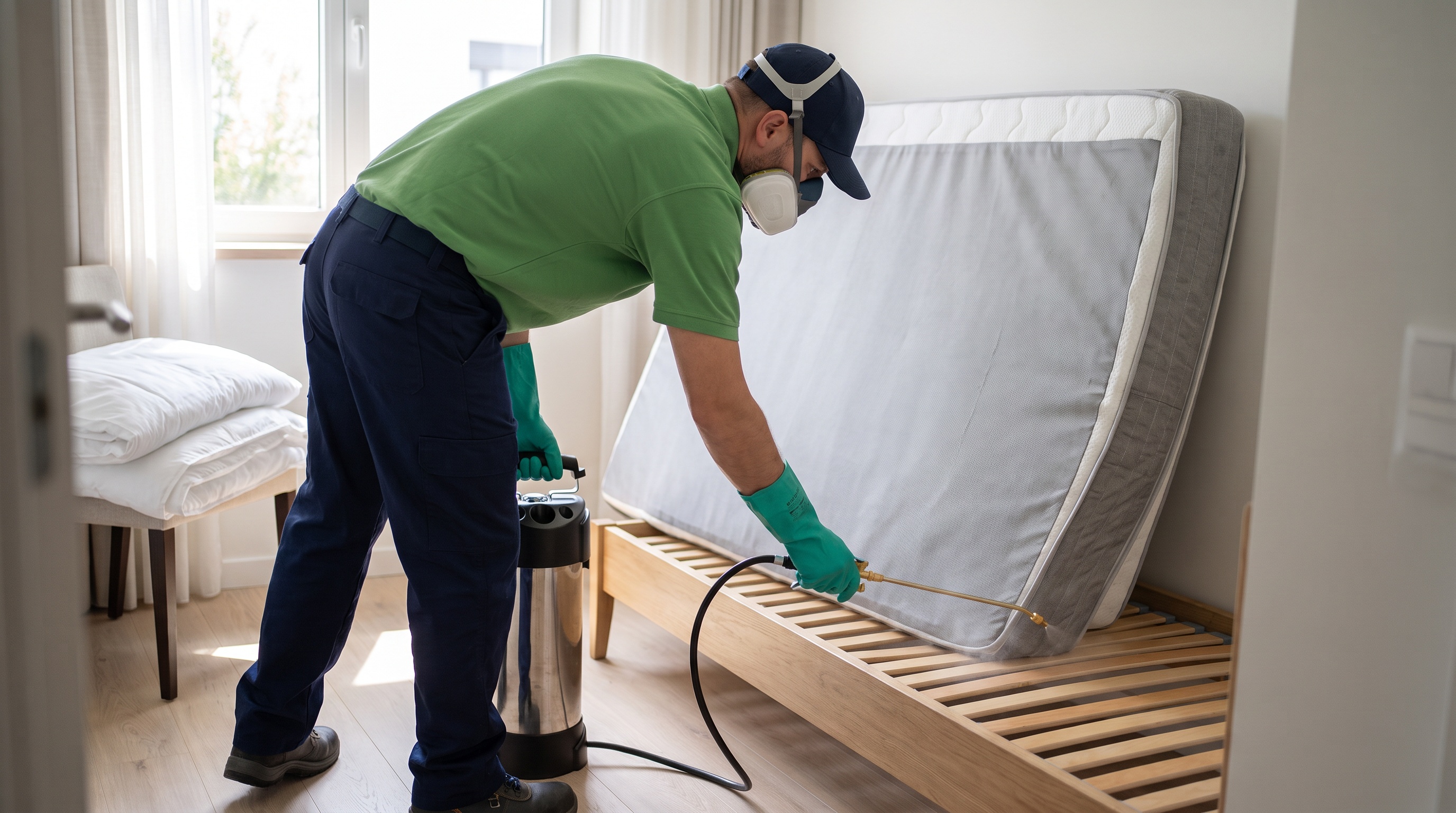 Rush technician treating a bed frame and mattress