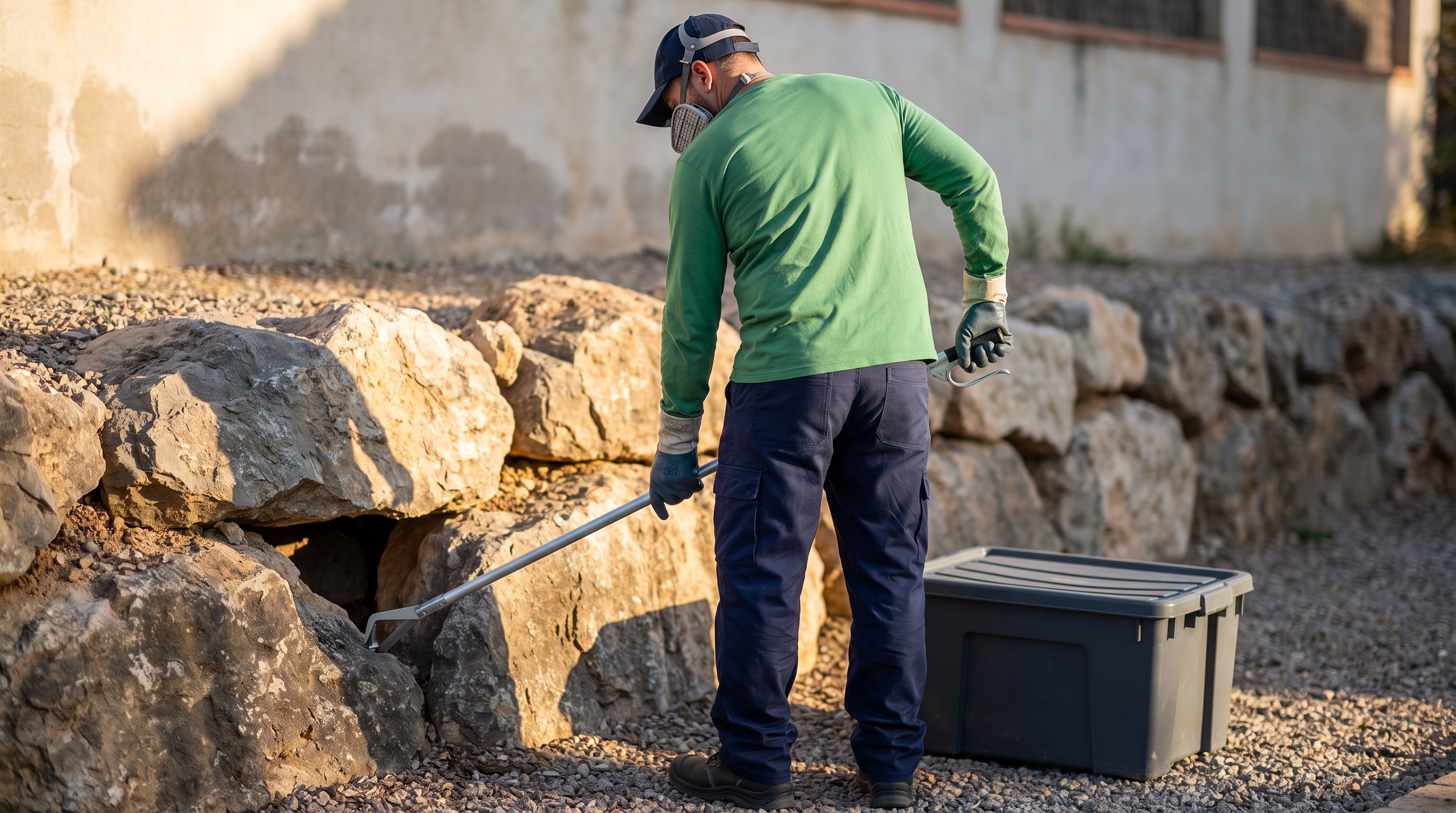 Rush technician checking a rock perimeter for snakes and scorpions