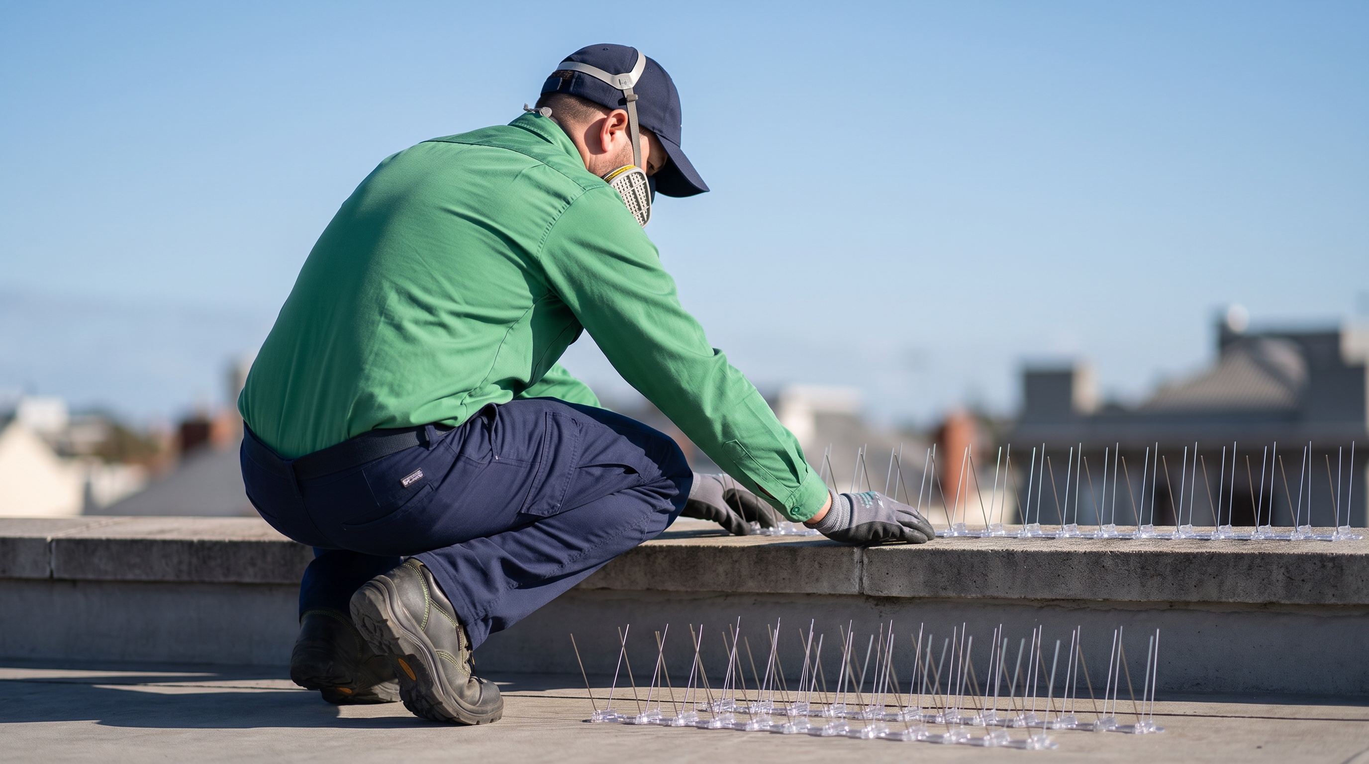 Rush technician installing bird spikes on a rooftop parapet