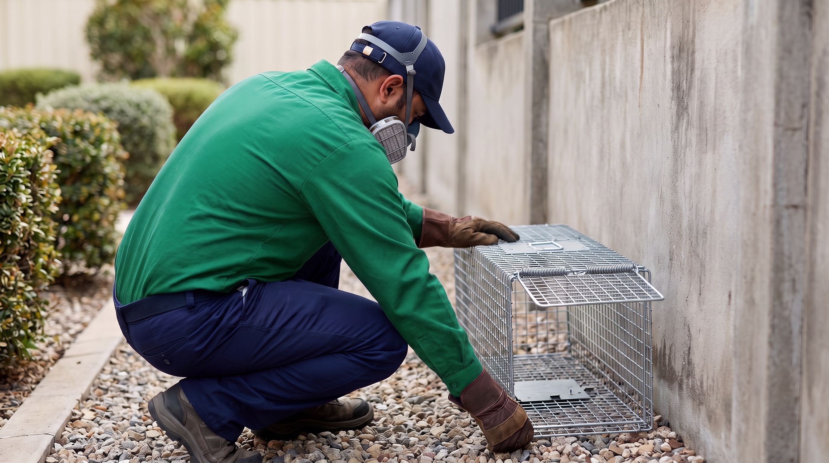 Rush technician with a humane cage trap on compound grounds